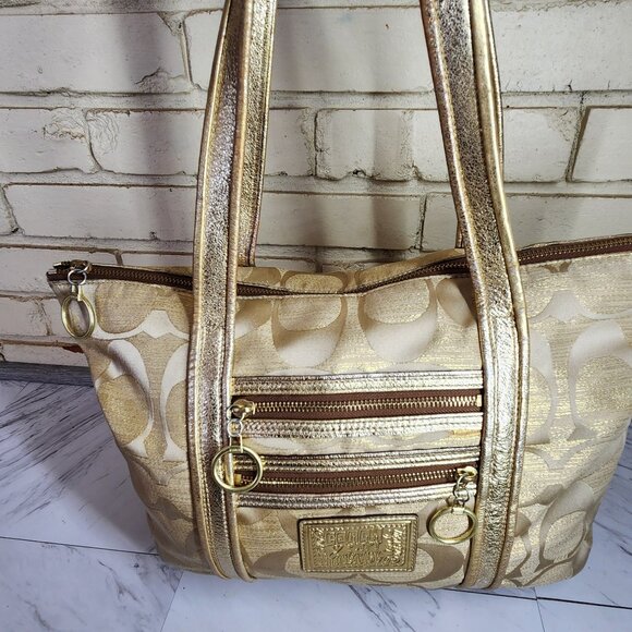 Coach Poppy Op Art Gold Signature C's Tote Bag Purse - Picture 3 of 16
